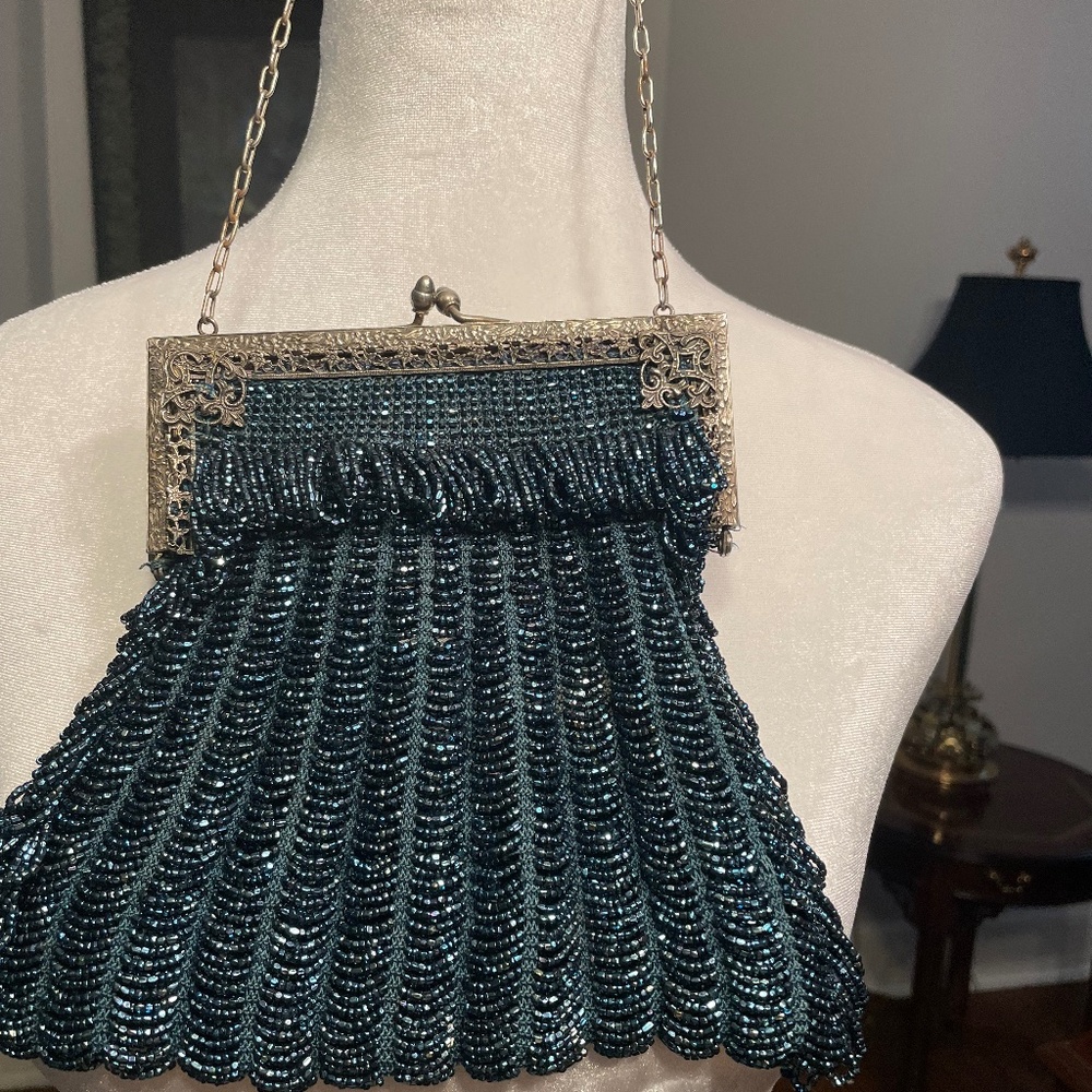 Turquoise Beaded Silver Filigree Evening Bag